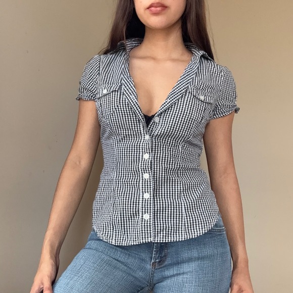 American Vintage Tops - Y2K Gingham Plaid Cinched Back Button Down Shirt Small